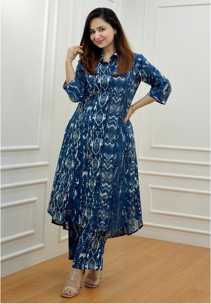 Blue All Over Print Kurta With Pant Set for Women