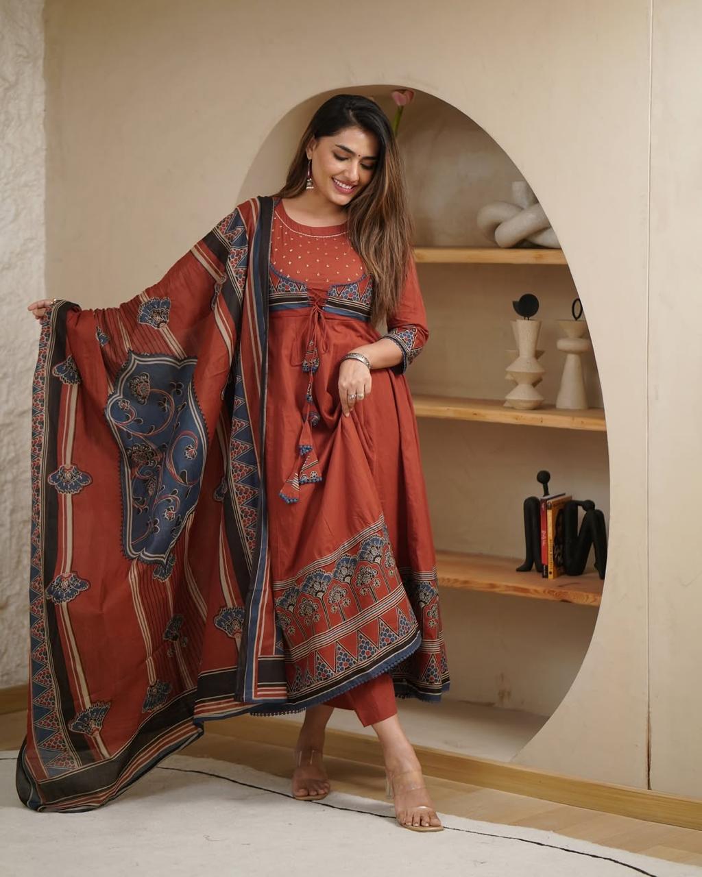 Beautiful Pure Cotton Anarkali Kurta and Pant With Dupatta (Hand Work)