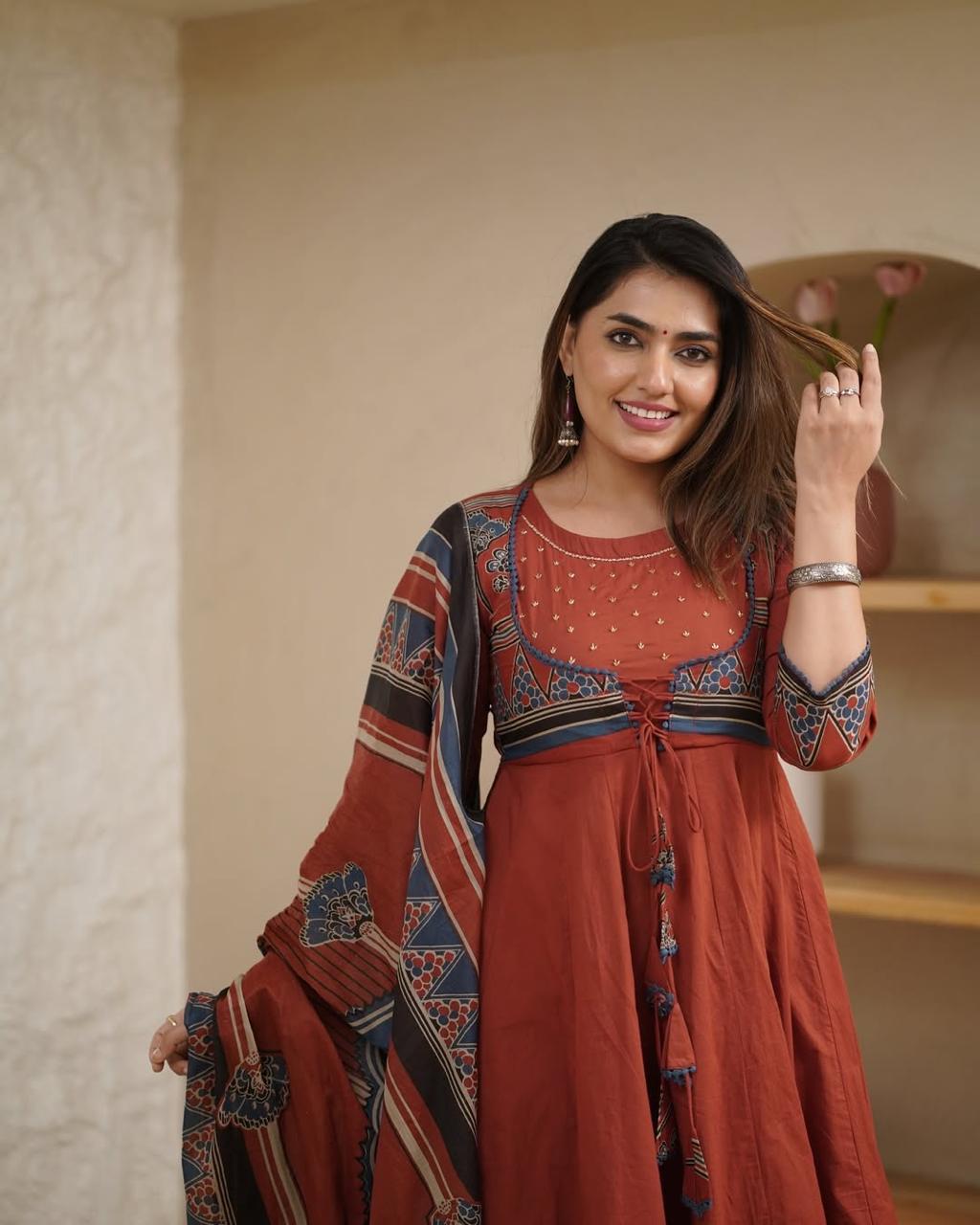 Beautiful Pure Cotton Anarkali Kurta and Pant With Dupatta (Hand Work)