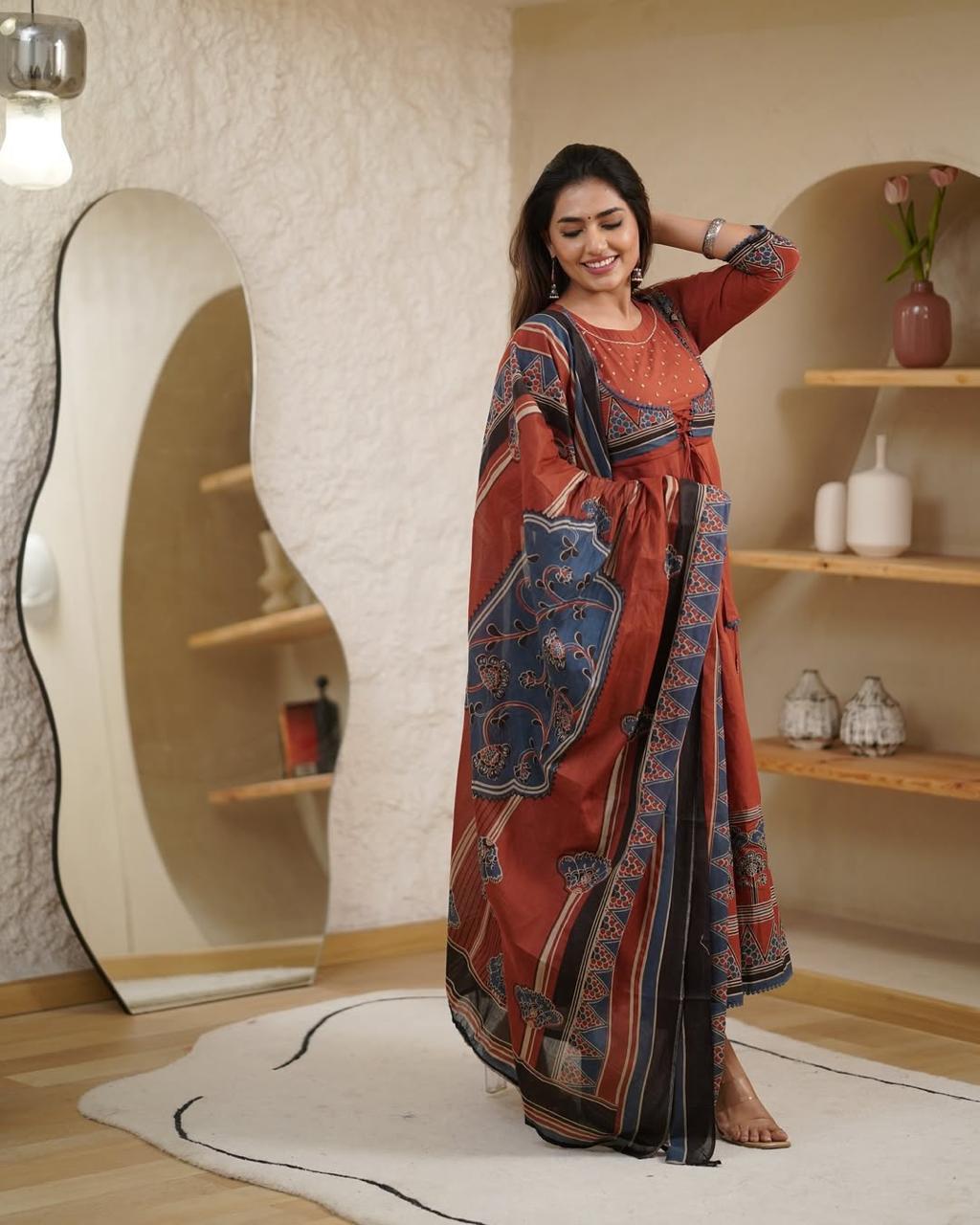 Beautiful Pure Cotton Anarkali Kurta and Pant With Dupatta (Hand Work)