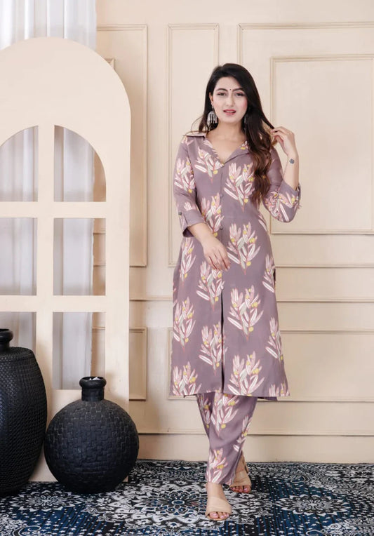 Grey Digital Print Rayon Cord Set with Pockets