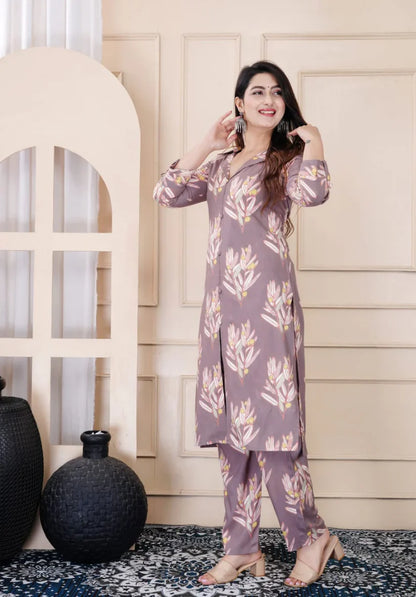 Grey Digital Print Rayon Cord Set with Pockets