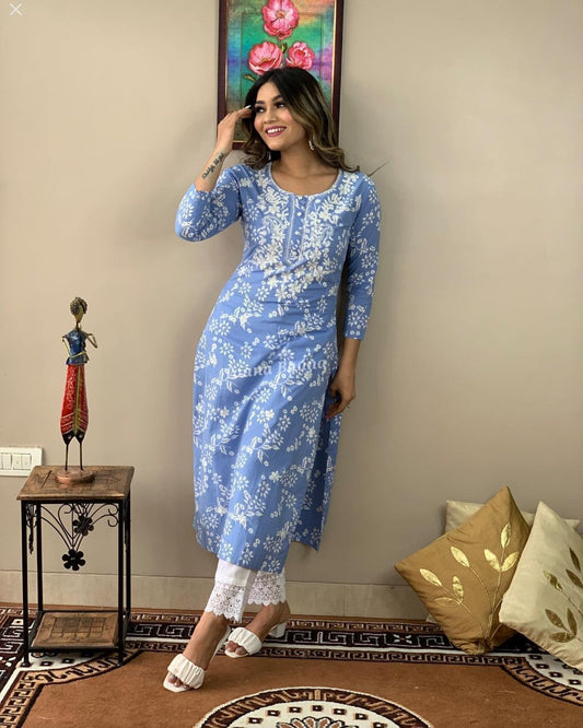 Chikankari Sky Blue Pure Cotton Kurta With Pant