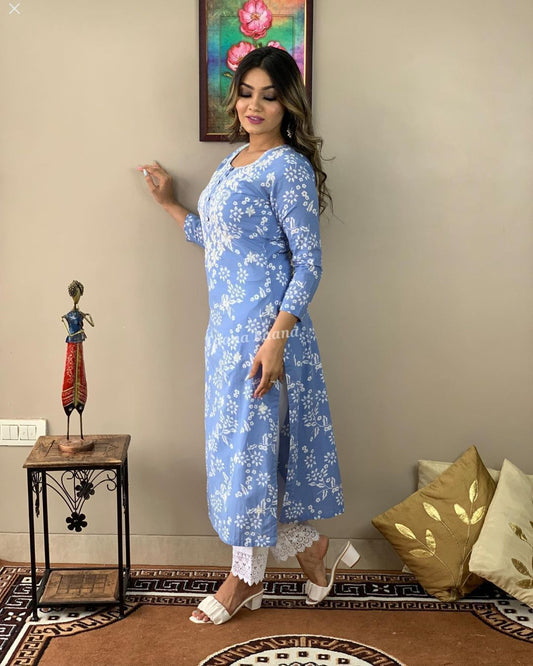 Chikankari Sky Blue Pure Cotton Kurta With Pant