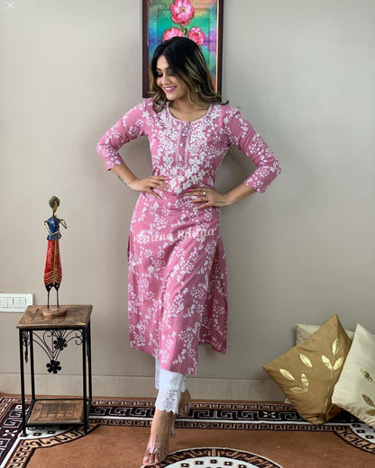 Chikankari Pink Pure Cotton Kurta With Pant