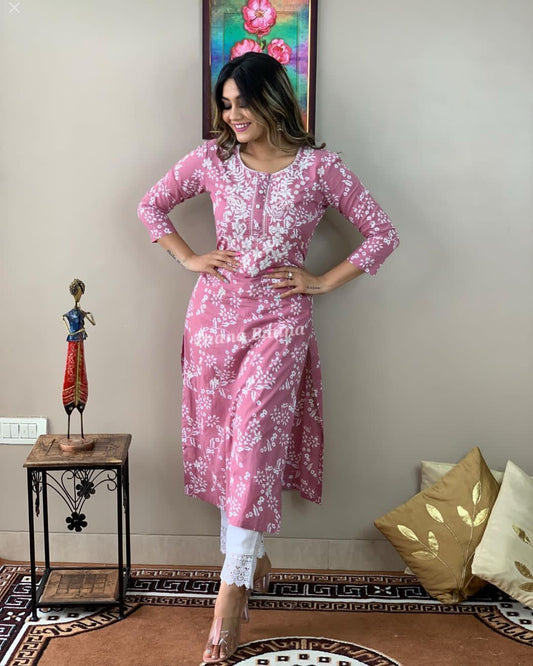 Chikankari Pink Pure Cotton Kurta With Pant