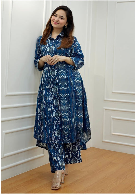 Blue All Over Print Kurta With Pant Set for Women