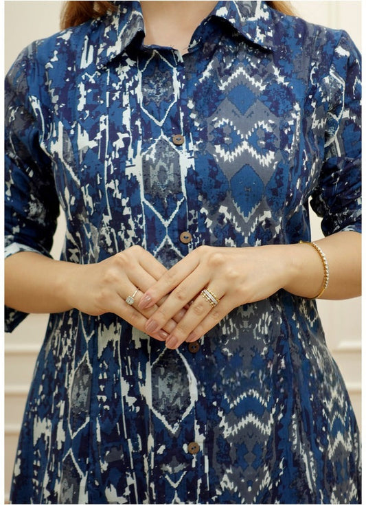 Blue All Over Print Kurta With Pant Set for Women