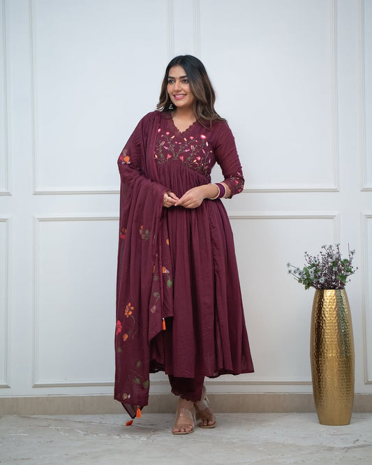 Beautiful Pure Cotton Embroidery Kurta And Pant With Dupatta
