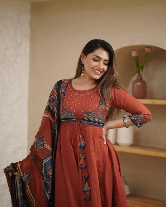 Beautiful Pure Cotton  Anarkali Kurta and Pant With Dupatta (Hand Work)
