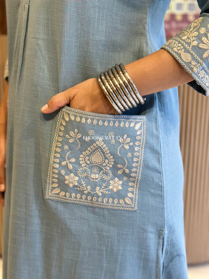 Light Blue Pure Cotton Embroidery Kurta and Pant Set for women's